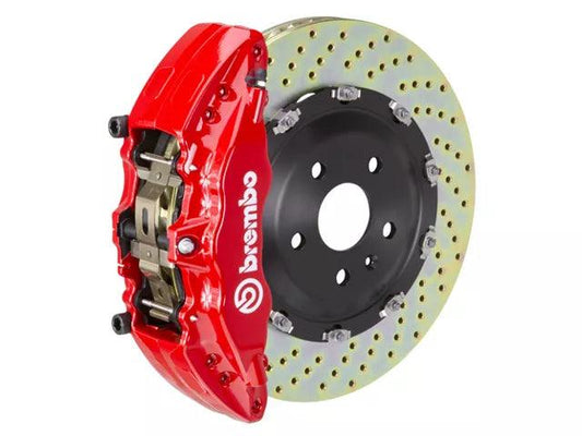 Brembo GT Series 6-Piston Front Big Brake Kit with 15-Inch 2-Piece Cross Drilled Rotors; Red Calipers - Mullet Racing Performance