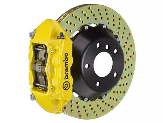 Brembo GT Series 4-Piston Rear Big Brake Kit with 15-Inch 2-Piece Cross Drilled Rotors; Yellow Calipers - Mullet Racing Performance