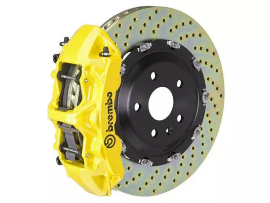 Brembo GT Series 6-Piston Front Big Brake Kit with 15-Inch 2-Piece Cross Drilled Rotors; Yellow Calipers - Mullet Racing Performance