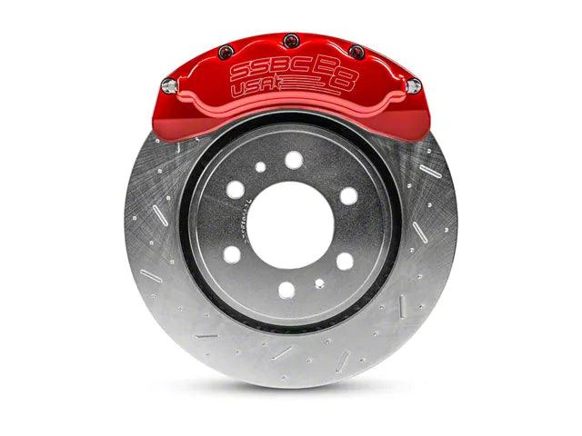 SSBC-USA B8-Brawler Front 8-Piston Direct Fit Caliper and Ceramic Brake Pad Upgrade Kit with Cross-Drilled and Slotted Rotors; Red Calipers - Mullet Racing Performance